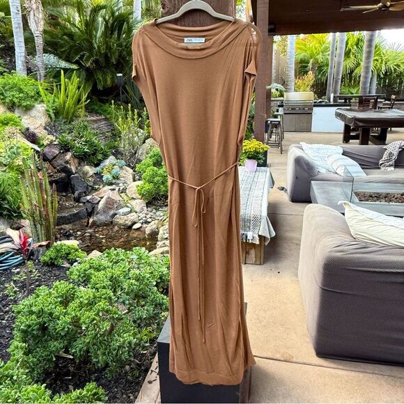 Zara Dresses & Skirts - ZARA semi sheer nude neutral lightweight long dress with tie waist size Sm